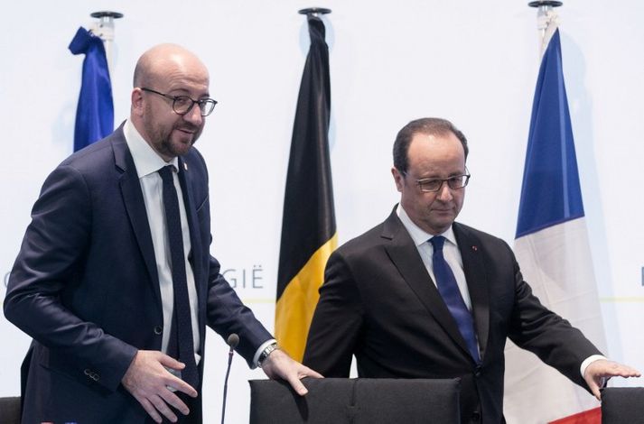 Frá fréttamannafundi Charles Michel og Francois Hollande í kvöld.