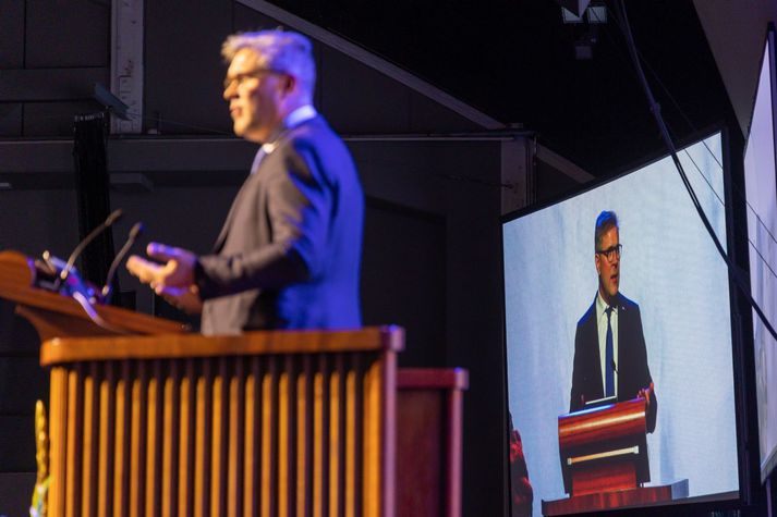 Bjarni Benediktsson fjármálaráðherra fór með langt ávarp á flokkráðsfundinum. 