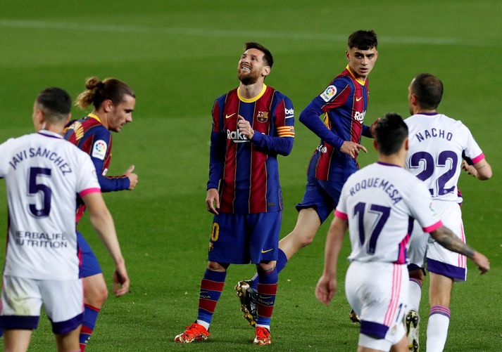 Lionel Messi tókst hvorki að skora né leggja upp í sigri Barcelona á Real Valladolid í gær.