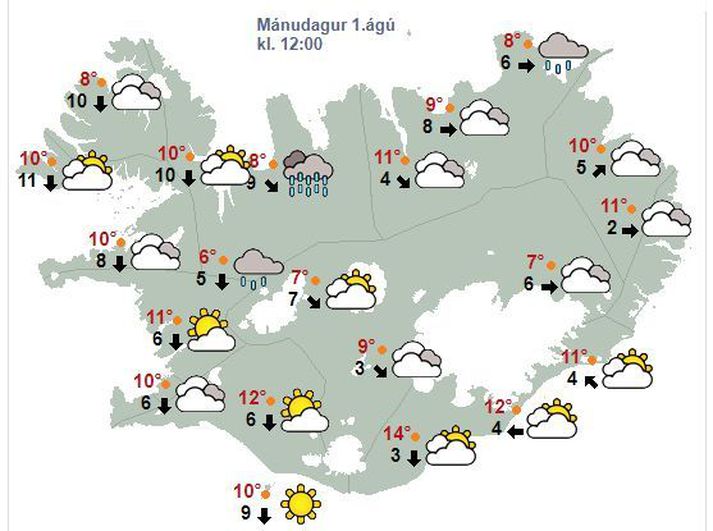 Svona lítur veðurspáin út klukkan 12.00 í dag.
