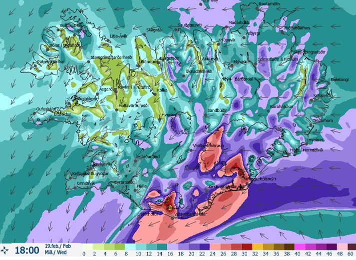 Vindaspá Veðurstofunnar fyrir klukkan 18 í dag.