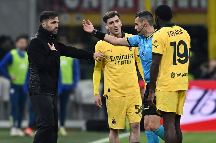 Cesc Fabregas og Maurizio Mariani dómari ræða málin í miðjum látunum.