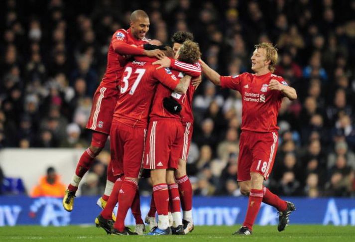 Leikmenn Liverpool fagna marki sínu í dag.