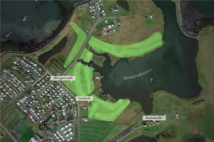 Svona gæti nýr golfvöllur á Norðurnesi Álftaness litið út.  Gert er ráð fyrir honum á skipulagi á ljósgrænmerktu svæðunum á myndinni.