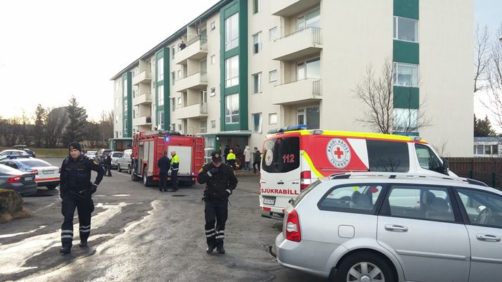 Lögregla, slökkvilið og sjúkrabíll á vettvangi í Safamýri í dag.