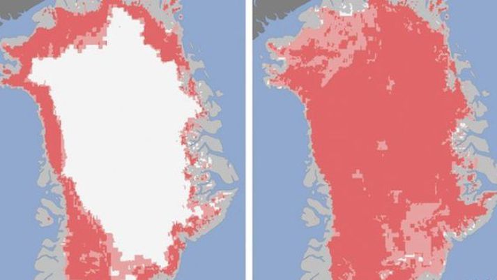 Á  myndinni til vinstri sést bráðnunin á yfirborði Grænlandsíssins þann 8. júlí s.l. (rauða svæðið). Á myndinni til hægri er staðan aðeins fjórum dögum síðar.