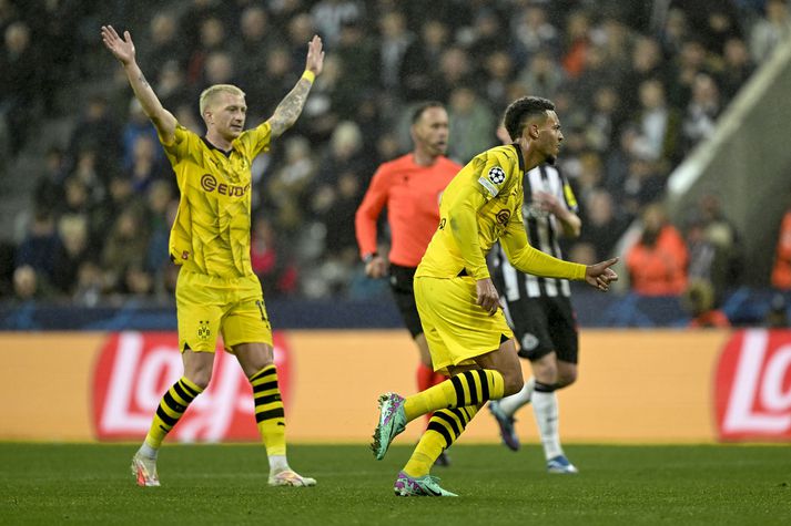 Marco Reus, fyrirliði Borussia Dortmund, fagnar eftir að Felix Nmecha skoraði gegn Newcastle United.