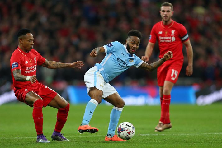 Raheem Sterling í leik með Manchester City á móti Liverpool.