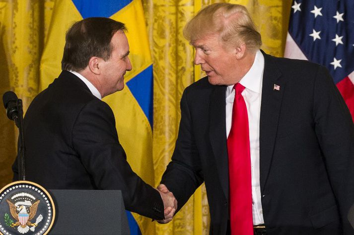 Löfven og Trump ræddu við blaðamenn eftir fund þeirra í Hvíta húsinu. Þar var Trump enn við sama heygarðshornið.