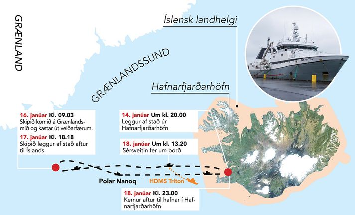 Sérsveitarmenn fóru um borð í danska varðskipið Tríton og biðu þess að skipið kæmi yfir miðlínu efnahagslögsögu Grænlands og Íslands.