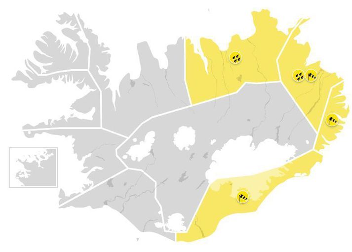 Gular viðvaranir eru í gildi á austanverðu landinu fram á kvöld.