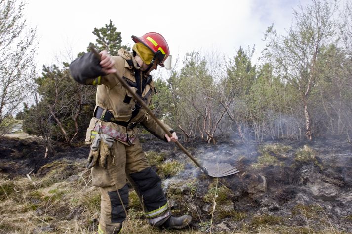 Slökkviliðsmaður að störfum í Elliðaárdal í dag.
Mynd: Viktor Örn Guðlaugsson