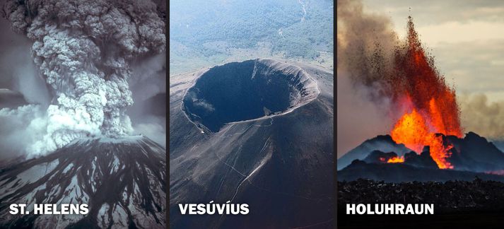 Mount St. Helens, Vesúvíus og Holuhraun.