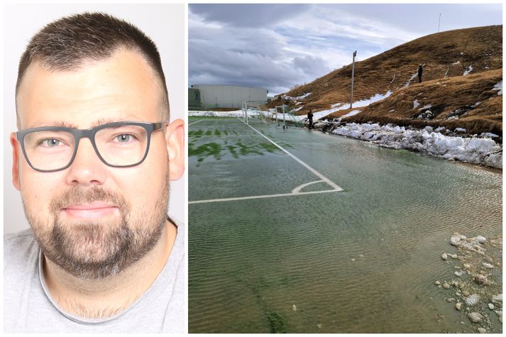 Adam Smári Hermannsson, formaður knattspyrnudeildar Tindastóls, hefur haft í nógu að snúast frá því að heimavöllur liðsins blasti svona við í apríl.