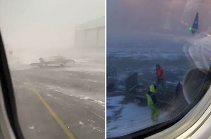 Veðrið er búið að vera brjálað á Keflavíkurflugvelli seinni partinn í dag. Hviðurnar hafa náð upp í 36 metra á sekúndu og sitja farþegar fastir í flugvélinni sem átti að fara til Kaupmannahafnar klukkan 15:40 í dag.