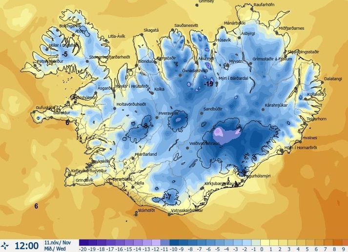 Það verður heldur kalt víða um land í dag eins og sést á þessu spákorti Veðurstofunnar sem gildir fyrir klukkan 12 í dag.