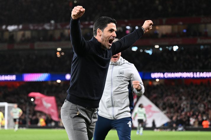Mikel Arteta, knattspyrnustjóri Arsenal, fagnar sæti í undanúrslitum Meistaradeildarinnar eftir markalaust jafntefli við Sporting.