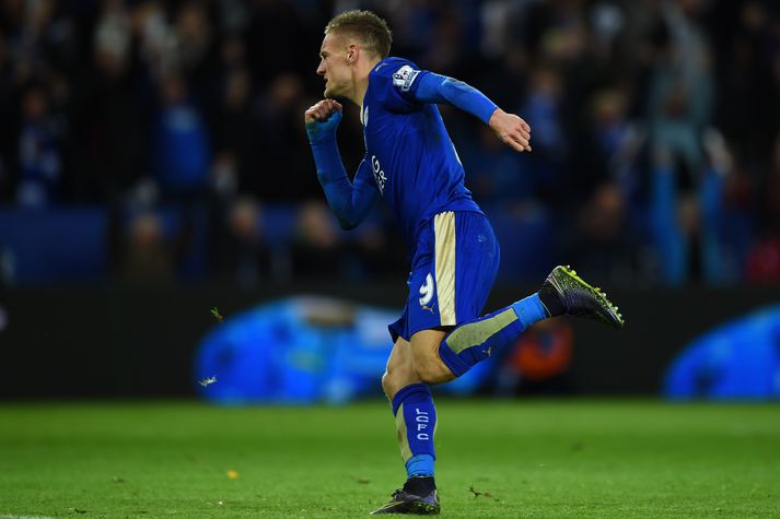 Vardy fagnar hér marki sínu í dag.