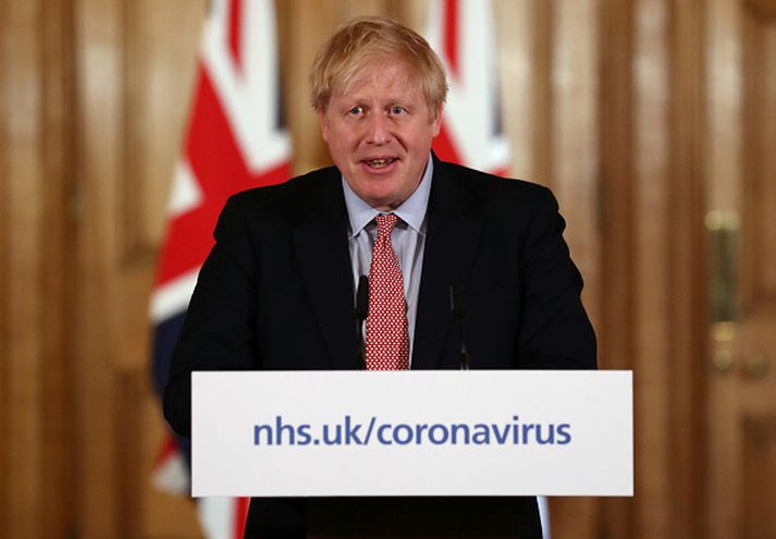 Boris Johnson, forsætisráðherra Bretlands, á blaðamannafundi dagsins.