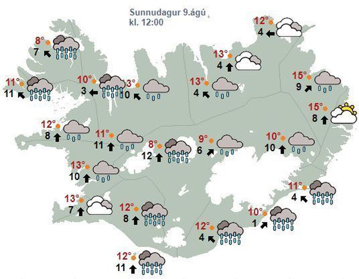 Spákortið fyrir hádegið í dag eins og það leit út í hádeginu.