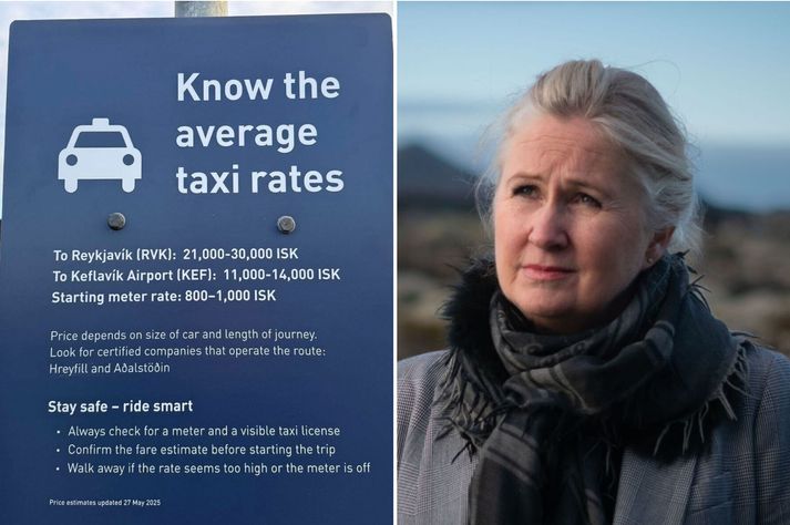„Við höfum heyrt af misbrestum hvað varðar gjaldtöku,“ segir Helga Árnadóttir framkvæmdastjóri. Á skiltinu við Bláa Lónið er útlistað verð sem má teljast venjulegt fyrir leigubílaferðir. 