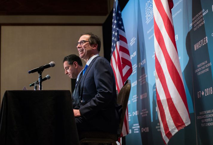 Steven Mnuchin fjármálaráðherra Bandaríkjanna á fundinum í gær.