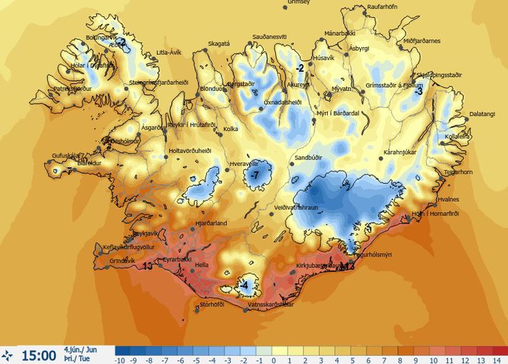 Eins og sést á þessu hitakorti fyrir daginn er ekki alveg jafn hlýtt um allt land.