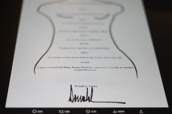 Bréfið sem Donald Trump á að hafa sent Jeffrey Epstein þegar hann varð fimmtugur árið 2003.