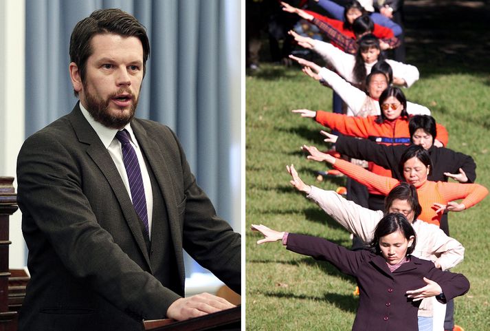 Guðmundur Steingrímsson, þingmaður Bjartrar framtíðar, og iðkendur Falun Gong í Ástralíu.