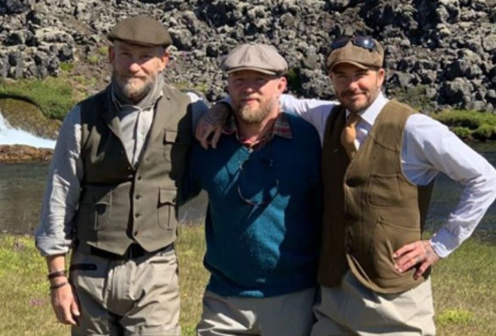 Björgólfur, Guy Ritchie og David Beckham á góðri stundu í veiðigallanum.