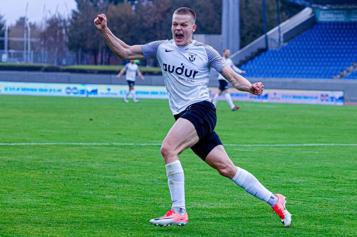 Oliver Heiðarsson fagnar marki sínu í úrslitaleik Mjólkurbikarsins í fyrra.