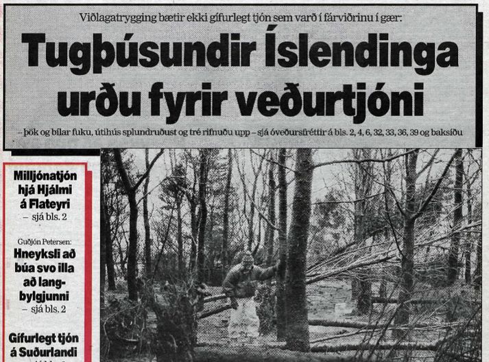 Forsíða DV 4. febrúar 1991 en daginn áður gekk mikið óveður yfir landið. Þá mældist mesti vindhraði sem mælst hefur í Vestmannaeyjum.