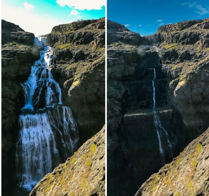 Þessa mynd birtir Tómas með grein sinni. Til vinstri sést fossinn Drynjandi síðastliðið sumar en til hægri er tölvugerð mynd eins og ætla megi að fossinn líti út eftir virkjun Hvalár.