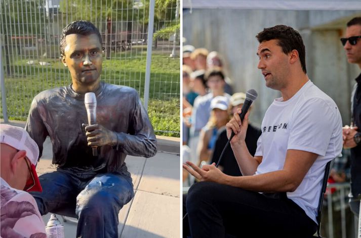 Hér má sjá styttuna sem Furnari hefur búið til af Charlie Kirk og áhrifavaldinn sjálfan rétt áður en hann var skotinn til bana.