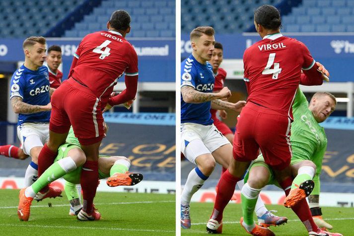 Jordan Pickford endaði tímabilið hjá Virgil van Dijk með þessari tæklingu í leik Everton og Liverpool um helgina.