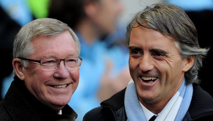 Roberto Mancini, stjóri Manchester City og Sir Alex Ferguson, stjóri Manchester United.