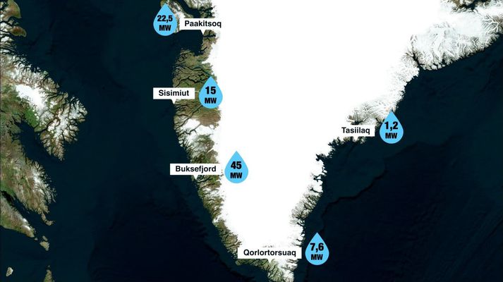 Hér má sjá staðsetningu og stærð vatnsaflsvirkjananna fimm á Grænlandi, sem opinbert orkufyrirtæki Grænlendinga rekur. Íslendingar reistu fjórar þeirra. Jafnframt eru nokkrar smærri bændavirkjanir í landinu, einnig reistar af Íslendingum.