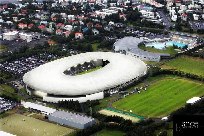 Tölvuteikning af mögulegum yfirbyggðum þjóðarleikvangi í Laugardalnum. Birt með góðfúslegu leyfi Bjarna Snæbjörnssonar arkitekts.