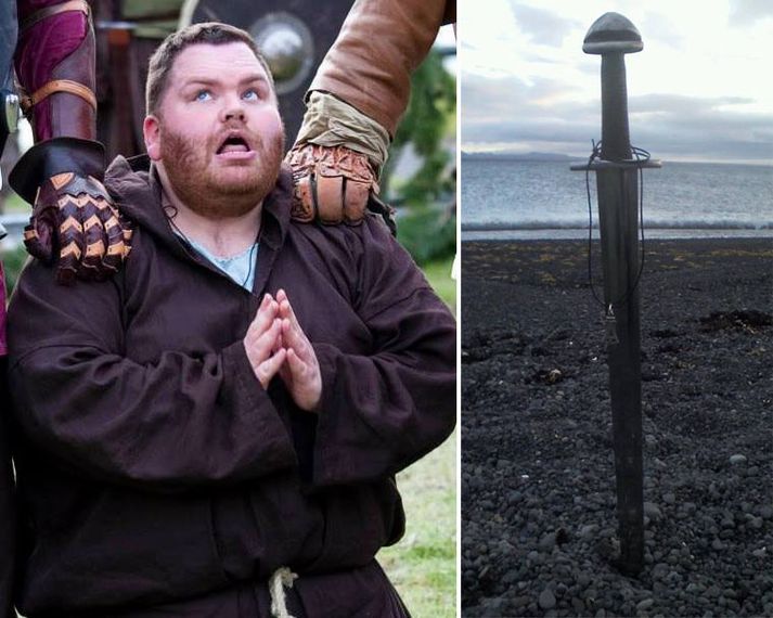 Benedikt er hér í gervi munks. Til hægri er svo sverðið sem var stolið.