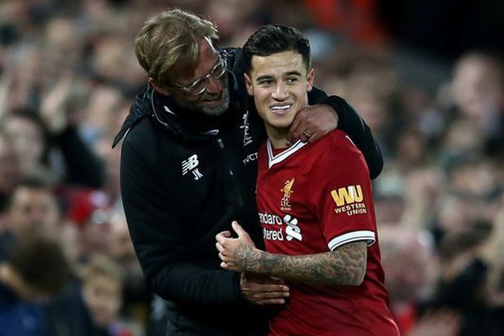 Philippe Coutinho með Jürgen Klopp á góðri stundu þegar hann var enn stórstjarna hjá Liverpool.