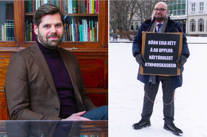Bergsteinn Sigurðsson, þáttastjórnandi RÚV, (t.v.) mátti lýsa réttilega opinberum ummælum Elds Smára Kristinssonar (t.h.) um trans fólk í framboðsþætti fyrir síðustu þingkosningar.