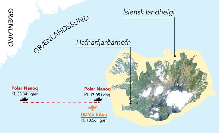 Á kortinu má sjá staðsetningu Polar Nanoq og Triton og nálægð skipanna við íslenska landhelgi.