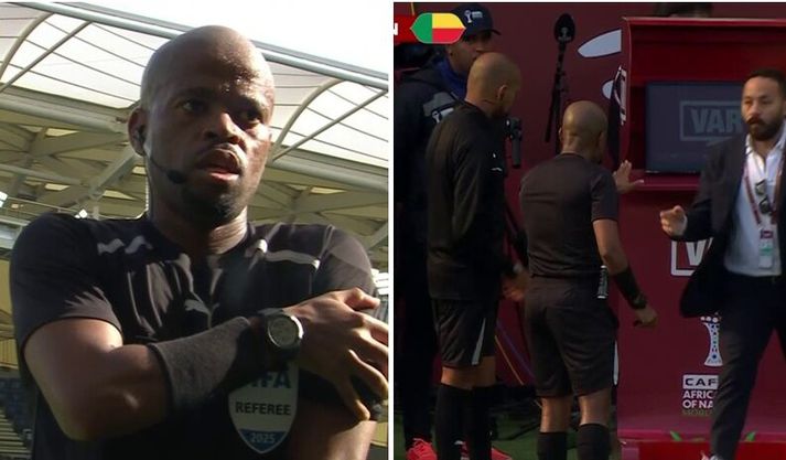 Dómarinn Abongile Tom fékk ekkert að sjá á skjánum.