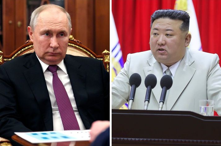Vladimír Pútín og Kim Jong Un. Pútín er talinn sækjast eftir sprengjukúlur og önnur hergögn frá Norður-Kóreu.