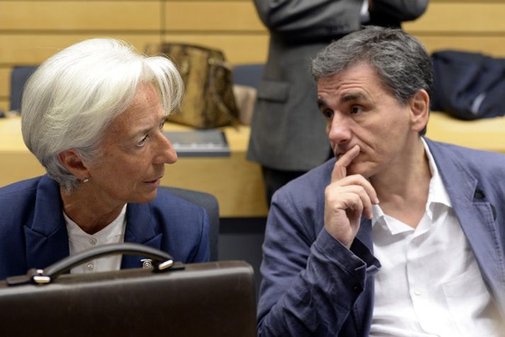 Christine Lagarde og Euclid Tsakalotos, fjármálaráðherra Grikklands.