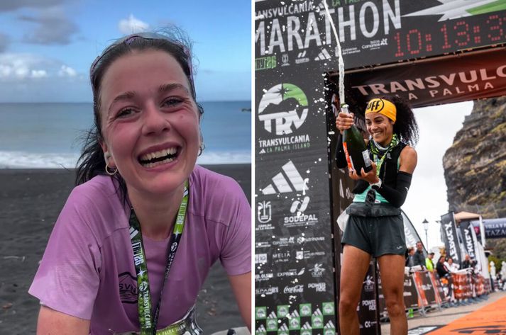 Elísa Kristinsdóttir var glaðbeitt eftir frábært hlaup í dag þó að það kæmi í hlut Ikram Rharsalla að taka við kampavíninu.