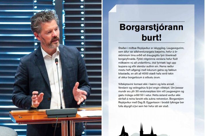 Dagur B. Eggertsson, borgarstjóri. Önnur síða opnuauglýsingar Bolla Kristinssonar athafnamanns er til hægri á mynd.