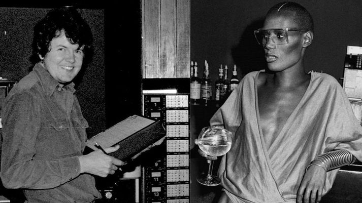 Þórir Baldursson með jamaísku súperstjörnunni Grace Jones í stúdíóinu á diskótímabilinu.