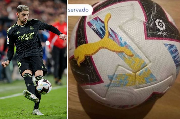 Boltinn sem Federico Valverde setti upp á svalir í blokk við Estadio de Vallecas, heimavöll Rayo Vallecano.