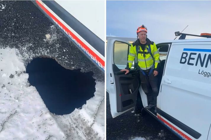 Benedikt og barnabarn hans voru í bílnum þegar dekkið pompaði ofan í holuna.